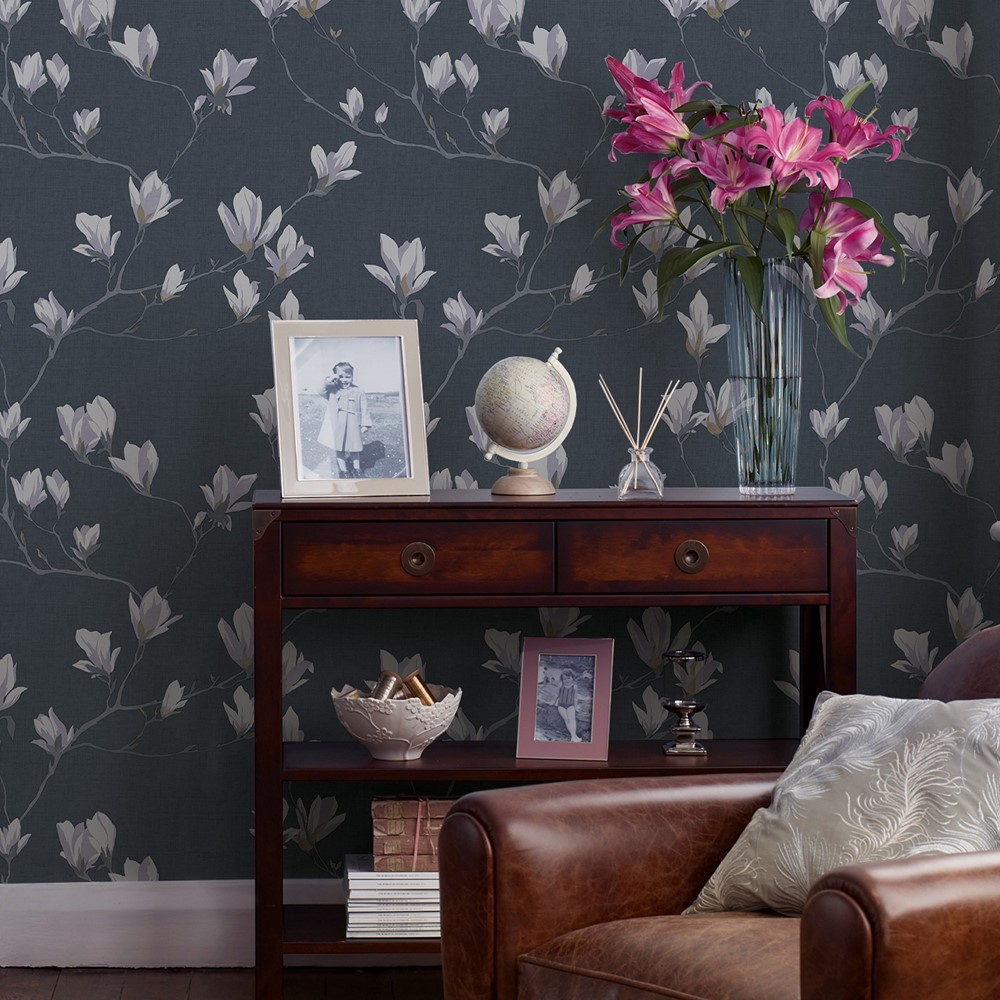 Magnolia Grove Floral Wallpaper 113355 by Laura Ashley in Dusky Seaspray Blue